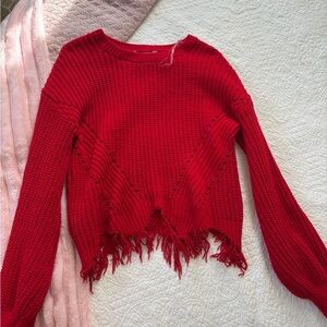 Red Frayed Hem Women Sweater